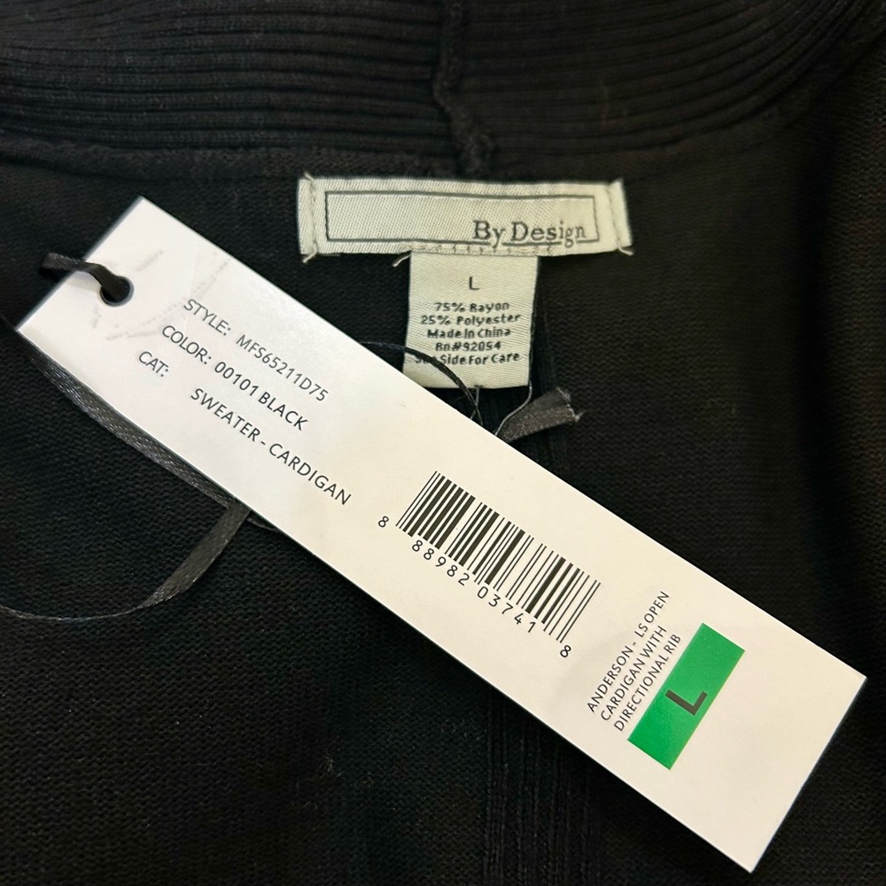 Black Cardigan Sweater, LS Open, Ribbed Design, New with Tags - Picture 6 of 9